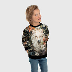 Свитшот детский Белая лисица в кустах цветов, цвет: 3D-черный — фото 2