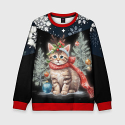 Свитшот детский Новогодний котик у ёлок в шарфе горы в снежинках, цвет: 3D-красный