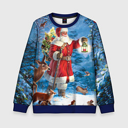 Свитшот детский Дед Мороз в лесу с животными, цвет: 3D-синий
