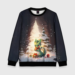 Свитшот детский Чиби-дракон под ёлкой с подарками, цвет: 3D-черный