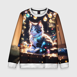 Свитшот детский Кот и новогодние украшения, цвет: 3D-белый