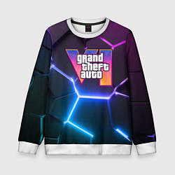 Свитшот детский GTA 6 лого на фоне разлома фиолетовых и синих плит, цвет: 3D-белый