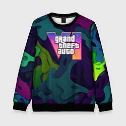 Свитшот детский GTA 6 logo яркий неоновый камуфляжный стиль, цвет: 3D-черный