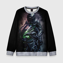 Свитшот детский Мотоциклист на спортивном байке черный фон, цвет: 3D-меланж