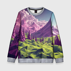 Свитшот детский Геометрический зеленый пейзаж и фиолетовые горы, цвет: 3D-меланж