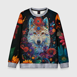 Свитшот детский Белый волк с цветами акварелью, цвет: 3D-меланж