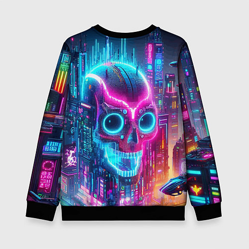 Детский свитшот Neon skull in metropolis - future / 3D-Черный – фото 2