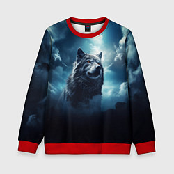 Свитшот детский Волк ночное синее небо, цвет: 3D-красный