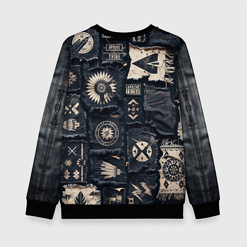 Детский свитшот Знаки Апачи на пэчворк дениме / 3D-Черный – фото 2