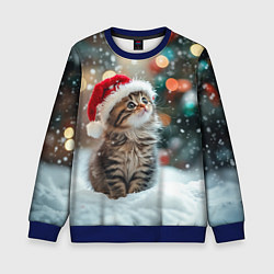 Свитшот детский Новогодний котенок и снег, цвет: 3D-синий