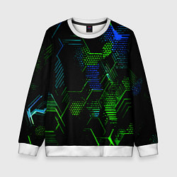 Свитшот детский Сине-зелёные точки и линии на чёрном фоне, цвет: 3D-белый