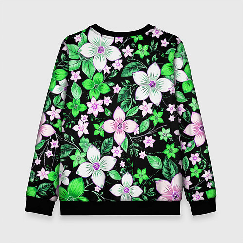 Детский свитшот Зелёно-белые цветы на чёрном фоне / 3D-Черный – фото 2
