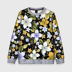 Свитшот детский Жёлто-белые цветы на чёрном фоне, цвет: 3D-меланж