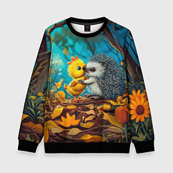 Свитшот детский Милые ежик с цыпленком в осеннем лесу, цвет: 3D-черный