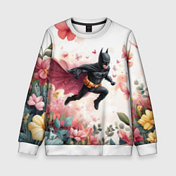 Свитшот детский Бэтмен прыгает над цветами и бабочками, цвет: 3D-белый
