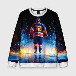 Свитшот детский Хоккеист в синем пламени, цвет: 3D-белый
