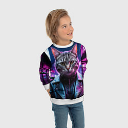 Свитшот детский Кот в кожанке, цвет: 3D-белый — фото 2