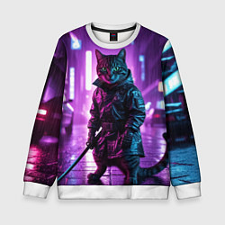 Свитшот детский Котик с катаной, цвет: 3D-белый