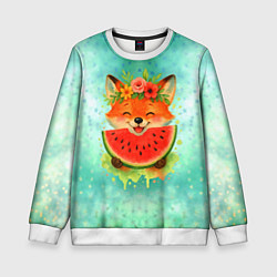 Свитшот детский Веселая лисичка ест арбуз, цвет: 3D-белый
