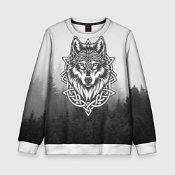 Свитшот детский Волк в кельтском стиле и лес, цвет: 3D-белый
