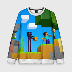 Свитшот детский Эндермен помогает героям, цвет: 3D-белый