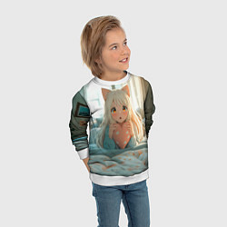 Свитшот детский Аниме девушка в кровати с сердцем, цвет: 3D-белый — фото 2