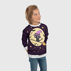 Свитшот детский Хэллоуин, кот на метле, луна, цвет: 3D-белый — фото 2
