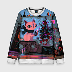 Свитшот детский Кошка празднует Новый год, цвет: 3D-белый