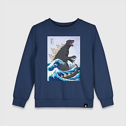 Свитшот хлопковый детский Godzilla in The Waves Eastern, цвет: тёмно-синий