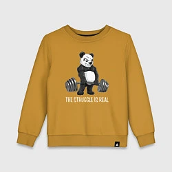 Свитшот хлопковый детский Это настоящая борьба - панда штангист, цвет: горчичный