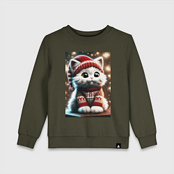 Свитшот хлопковый детский Котик в новогоднем свитере, цвет: хаки