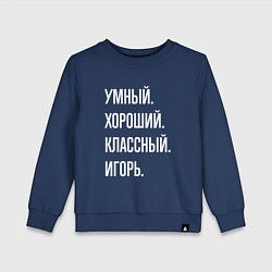 Свитшот хлопковый детский Умный хороший классный Игорь, цвет: тёмно-синий