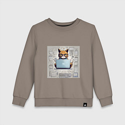 Свитшот хлопковый детский Кот программист за ноутбуком, цвет: утренний латте