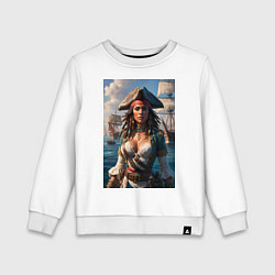 Свитшот хлопковый детский Пиратка на фона флотилии кораблей, цвет: белый
