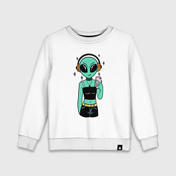 Свитшот хлопковый детский Девочка инопланетянин с телефоном, цвет: белый
