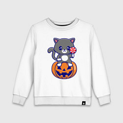 Свитшот хлопковый детский Хэллоуин котик с леденцом, цвет: белый