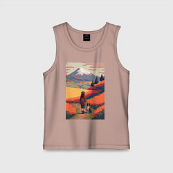 Майка детская хлопок Девушка, выгуливающая собаку на полях Японии, цвет: пыльно-розовый