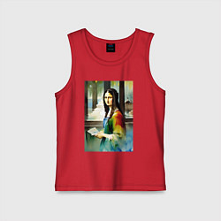 Майка детская хлопок Мона Лиза в библиотеке - нейросеть - акварель, цвет: красный