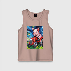 Майка детская хлопок Поросенок на красном тракторе - стиль Ван Гог, цвет: пыльно-розовый