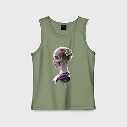 Майка детская хлопок Фантастическая девушка робот цветы и механизм, цвет: авокадо