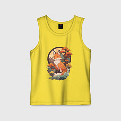 Майка детская хлопок Лиса в японском стиле на фоне гор, цвет: желтый