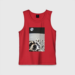 Майка детская хлопок Енот на луне делает селфи, цвет: красный