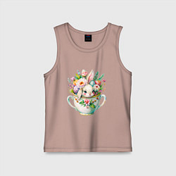 Майка детская хлопок Милый кролик акварельная чашечка цветы, цвет: пыльно-розовый