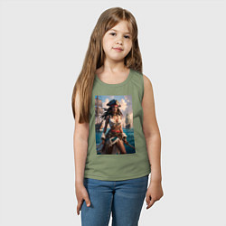 Майка детская хлопок Пиратка на фона флотилии кораблей, цвет: авокадо — фото 2