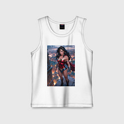 Майка детская хлопок Чудо-женщина с городским фоном в стиле комиксов, цвет: белый