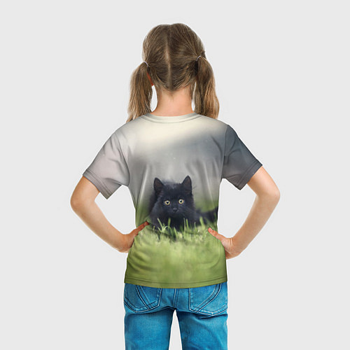 Детская футболка Черный кот на лугу / 3D-принт – фото 6