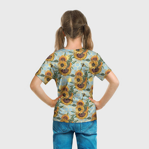 Детская футболка Подсолнухи и пчёлы на голубом / 3D-принт – фото 6