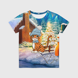 Футболка детская Тигренок на фоне зимнего дома, цвет: 3D-принт