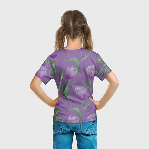Детская футболка Фиолетовые тюльпаны с зелеными листьями / 3D-принт – фото 6