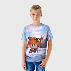 Футболка детская Грустный тигр на зимнем фоне, цвет: 3D-принт — фото 2